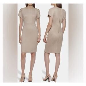 Calvin Klein Taupe Cream Sheath Dress 10 Faux Leather Feel